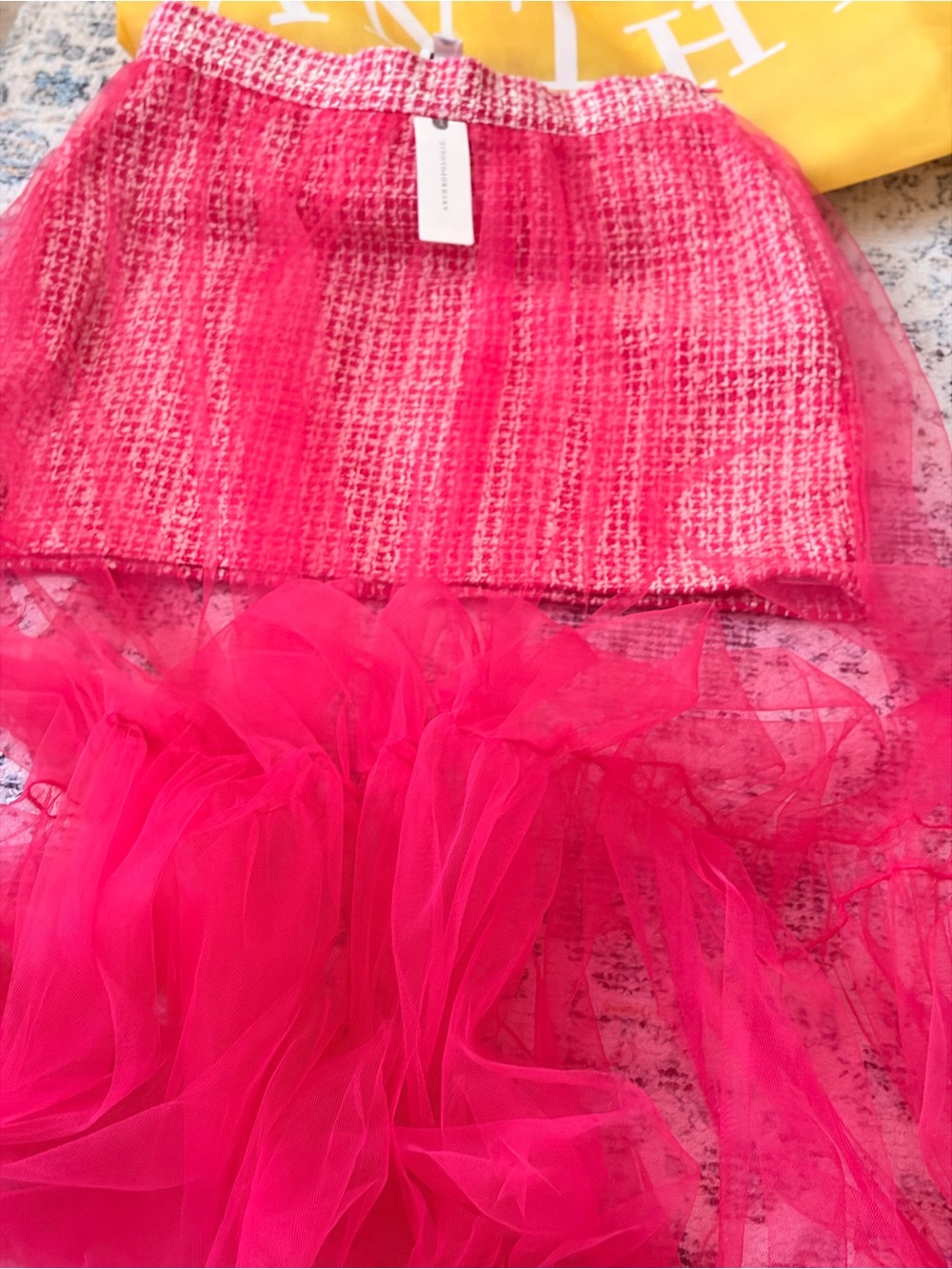 Anthropologie Hot Pink Tweed Mini with Sheer High-Low Tulle Overlay - Picture 8 of 10